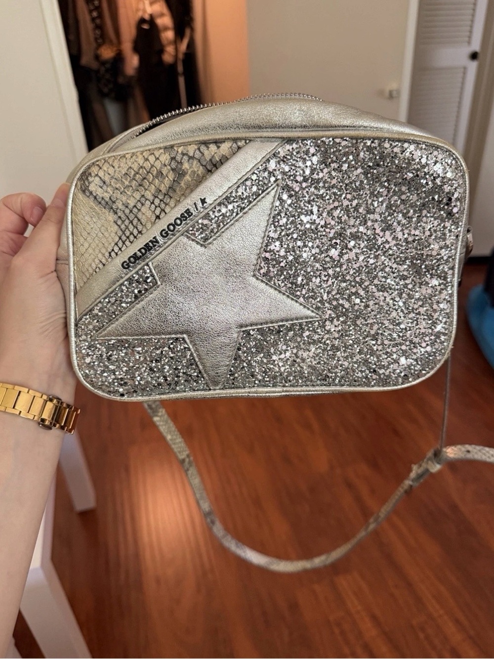 Golden Goose Silver Glitter Star Crossbody Bag l